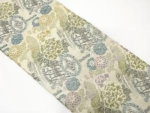 アンティーク 尾長鶏に古楽器・菊・牡丹模様織出し丸帯(材料)